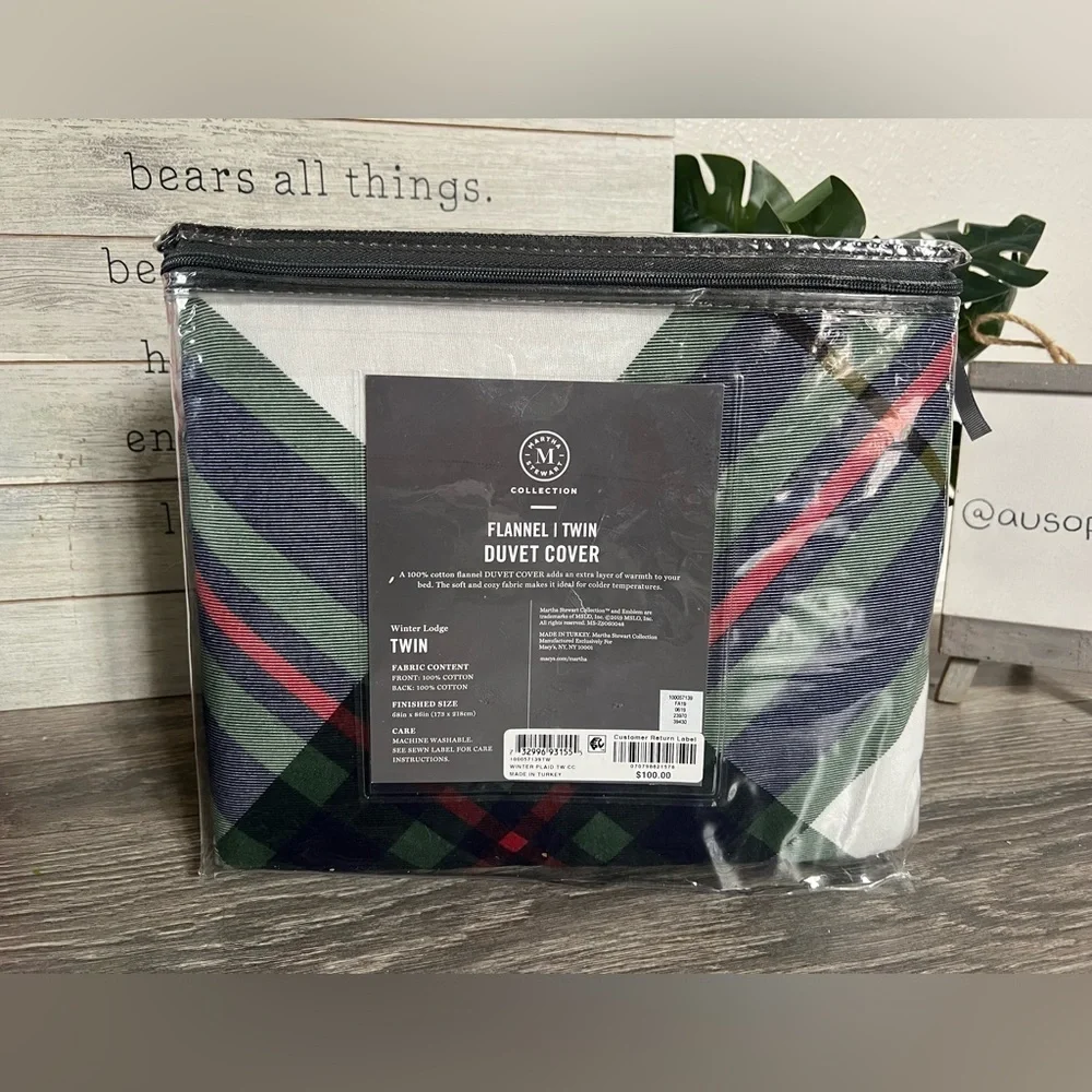 Martha Stewart Winter Lodge 100% Cotton Plaid Flannel Duvet Cover Twin Size NWT!